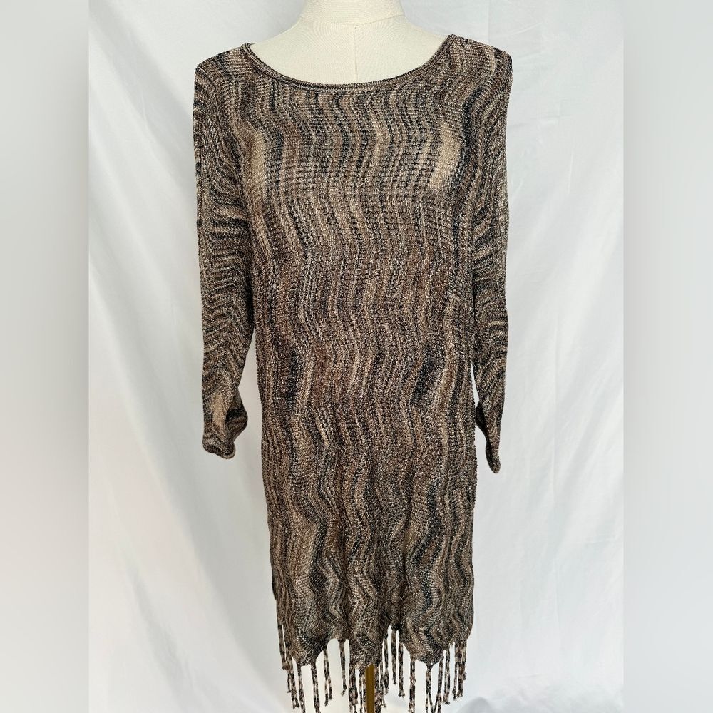 Chico's Travelers Metallic Zigzag Knit Fringe Hem Tunic Dress Brown/Black Size 2